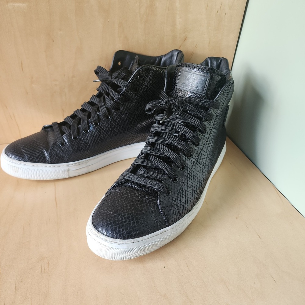 Roberto Cavalli Men's Black  Textured Leather High Top Fashion Sneakers Shoes 45